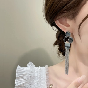 Detailed view of long silver tassel earrings on a model showing elegant drape and length