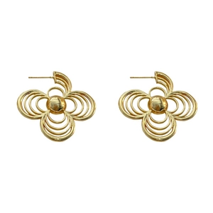 Golden hollow floral geometric earrings with a central metallic bead on white background
