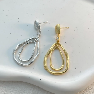 Boucles D'oreilles Pendantes Doubles Anneaux Cuivre Plaqué Or 18K Zircon Style Rétro Femmes Avec Tige Argent 925