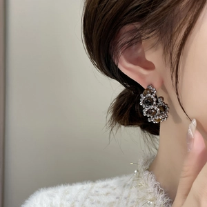 Gros plan de boucles d'oreilles rétro en argent avec perles d'oeil de tigre brunes