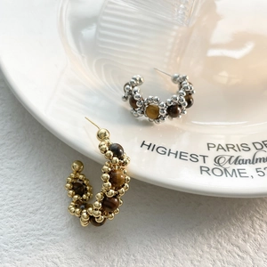 Boucles D'Oreilles Créoles En C Avec Perles D'Oeil De Tigre Naturelles Et Tige En Cuivre Plaqué Or 18K Rétro Pour Femmes