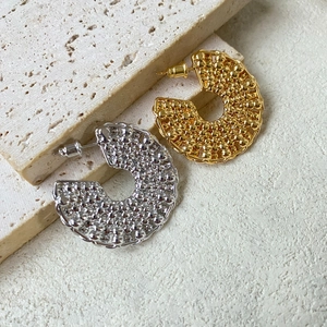 Granulation C-Shape Stud Earrings 18K Gold Plated Copper With Silver Earring Post Vintage Beaded Texture Metallic Jewelry Women