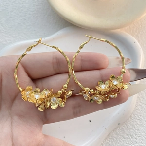 Chic 18k gold plated camellia flower hoop earrings with sparkling crystal accents for women