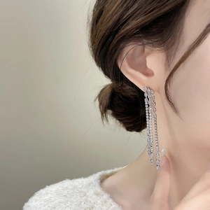 Close-up of long silver tassel earrings with shimmering crystals on model ear