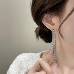 Three-tier long tassel drop earrings featuring sparkling cubic zirconia on silver chain