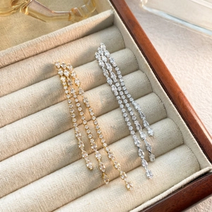 Copper Long Tassel Chain Dangle Earrings Gold Silver Plated Zircon Rhinestone Inlaid Elegant Wedding Banquet Jewelry For Women