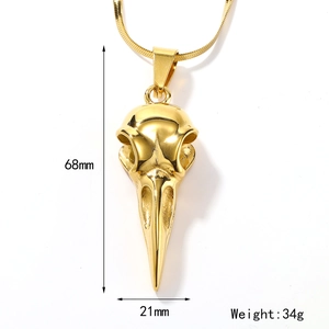 Collier avec pendentif crâne de corbeau en acier inoxydable doré pour style punk hip hop