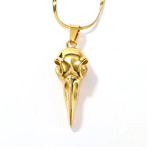 Collier avec pendentif crâne de corbeau 3D punk gothique en acier titane doré poli