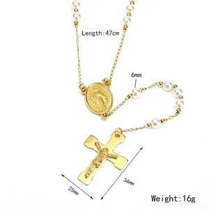 Retro Goldene Rosenkranz-Halskette mit weißen Perlen und Marienmedaille, 47 cm