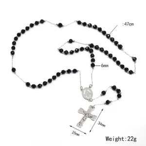 Vintage Rosenkranz Halskette mit schwarzen facettierten Perlen und Silberkruzifix Anhänger
