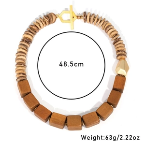 Detail of bohemian wooden beaded necklace with gold toggle clasp and 48.5cm length label