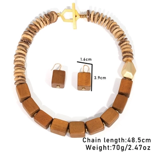 Detail view of handmade wood bead necklace set with dimensions and OT toggle clasp