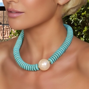 Beaded Necklace And Earrings With Faux Turquoise And Large Artificial Pearl Toggle Clasp Bohemian Vintage Jewelry For Women
