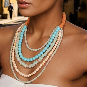 Bohemian Handmade Natural Stone Beaded Necklace And Earrings Multilayer Turquoise Glass Wax Rope Jewelry For Women Vacation