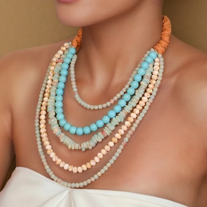 Bohemian multi-layer handmade beaded necklace with natural stone and turquoise on model