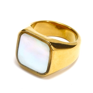 Minimalist gold square signet ring with iridescent white mother of pearl inlay