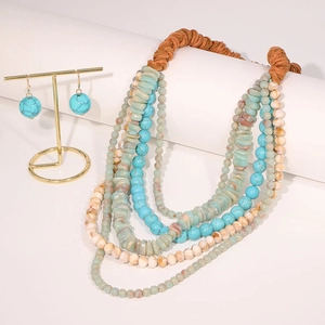 Bohemian multi-layer handmade turquoise stone necklace and earring jewelry set