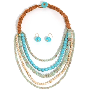 Bohemian multi-layer handmade beaded turquoise necklace with matching stone earrings set