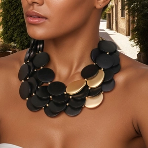 Collier Plastron Multicouche Bois CCB Alliage Disques Géométriques Ronds Style Bohême Exagéré Accessoire Femme