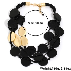 Multilayer long wooden disk statement necklace with black beads and adjustable gold clasp