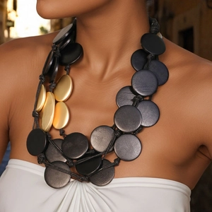 Bohemian Statement Multilayer Long Necklace Wood Aluminum Geometric Round Pieces Black Gold Fashion For Women