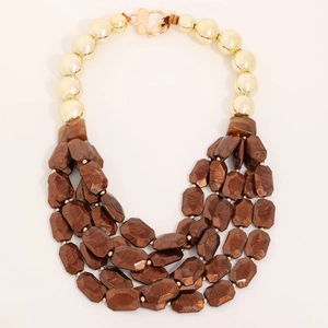 Handmade multi-layer bohemian statement necklace with gold beads and brown textured resins