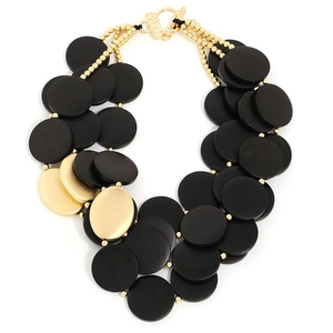 Collier multicouche à disques noir mat et or avec fermoir à bascule et perles
