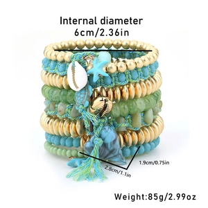 Detailed view of layered beaded bracelets featuring sea turtle charms and size dimensions