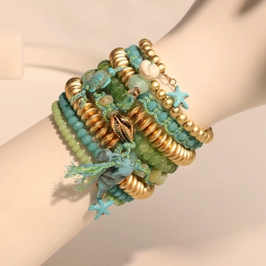 Bohemian multi-layer wrap bracelet with sea turtle and shell charms for beach style