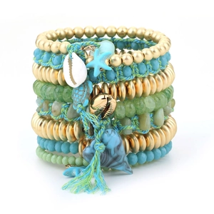 Multilayer bohemian bead bracelet set with sea turtle, starfish charms and blue tassel