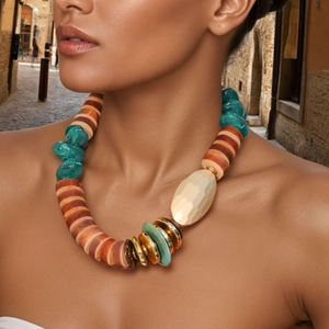 Bohemian Beaded Necklace Wood Resin Alloy Exaggerated Ethnic Style Jewelry For Women Retro Chunky Statement Accent