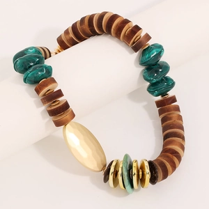 Handmade wooden beads necklace with green malachite resin and golden metal pendant