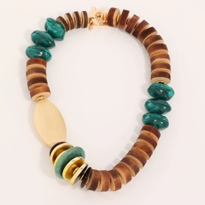 Handmade chunky necklace with dark wood beads and green marbled resin stones