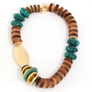 Bohemian chunky wood and green marble bead necklace with gold metal accents