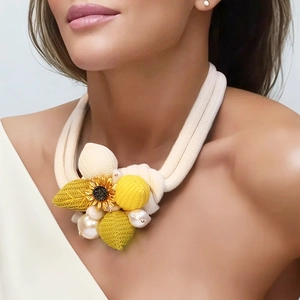 Handgefertigte Sonnenblume Anhänger Halskette Und Ohrringe Böhmische Gewebte Seil Imitation Künstliche Perle Legierung Stoff Blume Schmuck Für Frauen