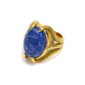 Punk eagle claw gold plated ring with large blue gemstone and scale texture detail