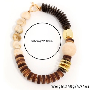 Bohemian oversized wooden bead necklace with marble resin and gold metal toggle clasp