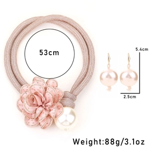 Detail of pink fabric flower necklace with pearls and matching earrings including dimensions