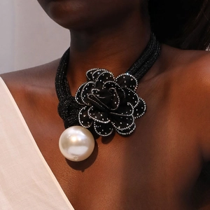 Fabric Flower Choker Necklace With Rhinestone Detail And Large Faux Artificial Pearl Pendant Elegant Fashion Accessory For Women