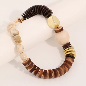 Bohemian multilayer wood bead necklace with marble resin and golden metal accents