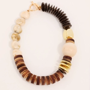 Bohemian chunky wooden necklace with resin beads and golden OT clasp on white background