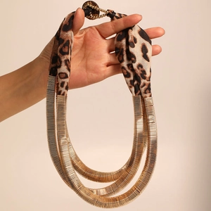 Multilayer gold metal tube necklace with leopard print fabric strands for women