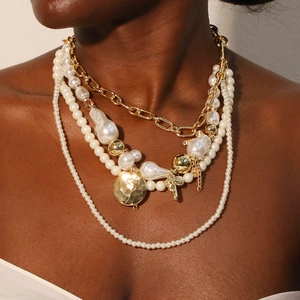 Elegant Multi-Layer Imitation Artificial Pearl Necklace Vintage Baroque Style Aluminum Chain With Gold Coin Pendant For Women
