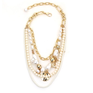 Elegant multi-layered gold chain choker with white pearls and baroque pearl pendants