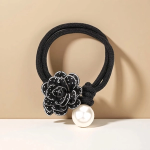 Elegant black camellia hair tie with rhinestones and faux pearl on woven elastic cord