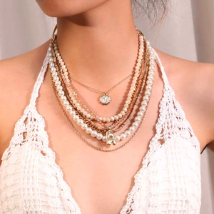 Multi Layered Beaded Necklace Imitation Artificial Pearl Alloy Artificial Crystal Wood Letter A Sun Pendant Boho Jewelry For Women