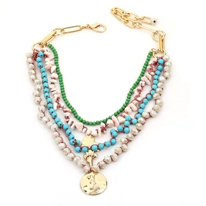 Collier bohème multicouche avec pendentif cœur et perles de turquoise sur fond blanc