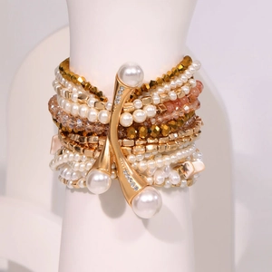 Bohemian multi-layer faux pearl bracelet with gold geometric beads and Y-shaped charm