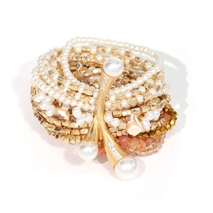 Multi-layer faux pearl bracelet with gold beads and sparkling crystal accents