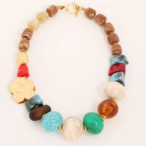 Bohemian multi-color resin bead choker necklace with large golden flower pendant